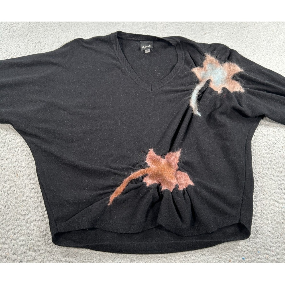 Aaeda Sweater Women's Large Black Floral‎ Ribbed Resortwear Holiday Boho Hippie